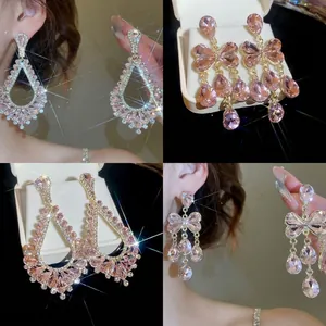 Boucles D'oreilles Pendantes Noeud Papillon Goutte En Alliage Strass Rose Et Tige En Argent Sterling 925 Élégant Mode