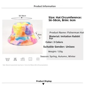 Size specifications for tie-dye faux rabbit fur bucket hat with dimensions and washing info
