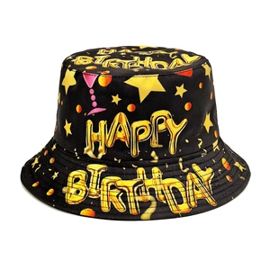 Happy Birthday Printed Bucket Hat Polyester Sun Protection Breathable Outdoor Party Fisherman Hat Retro Style Unisex