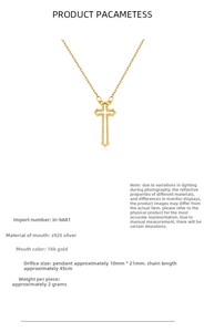 Macro shot of 18k gold S925 silver cross pendant with 10x21mm dimensions and size details