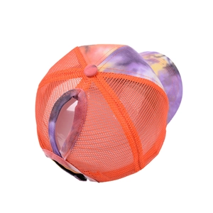 Tie-dye ponytail baseball cap with orange breathable mesh and sun protection curved brim