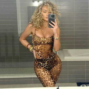 Sexy leopard print slim-fit bodysuit set with spaghetti straps and flared trousers