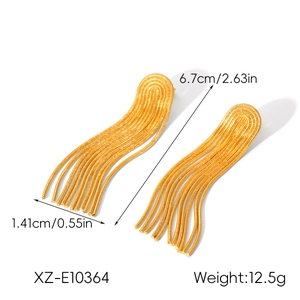 Detail view of golden fringe earrings showing 6.7cm length and high-polished texture