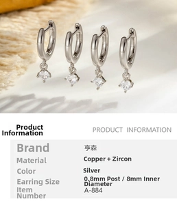 Detail view of silver geometric hoop earrings set with cubic zirconia stones and measurements