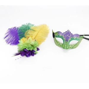 Detail of sequined carnival mask with purple, green and yellow feathers on white backdrop
