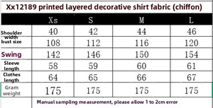 Detailed size chart for the printed chiffon layered blouse with shoulder and sleeve measurements