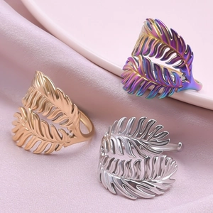 Minimalist stainless steel leaf open rings in gold, silver and colorful finishes