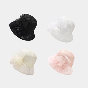 Women Elegant Organza Bucket Hat With Large Flower Mesh Artificial Pearl Breathable Sunshade For Wedding Evening Party Travel
