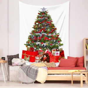 Detail of Christmas tree tapestry with festive teddy bear and gift boxes for wall decor