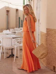 Women's summer cotton linen two-piece set with sleeveless top and maxi skirt in orange