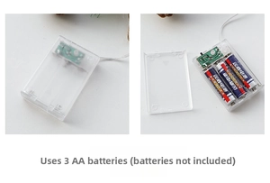 Transparent LED light string battery box detail for 3 AA batteries with flash mode