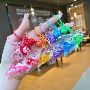 Creative Ice Cream Cone Liquid Quicksand Keychain With Glitter Sequin Star Moon Bell Cute Cartoon Bag Charm For Women Gift