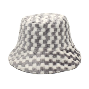 Detailed texture of gray and white checkerboard plush faux rabbit fur bucket hat