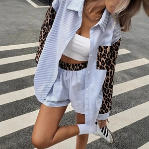 Detail of leopard print and striped patchwork design on casual shirt and shorts set