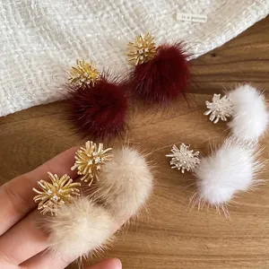 Sparkling zircon sunflower earrings with plush fur ball pendants in wine red and white