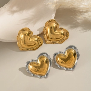 18K gold and silver heart stud earrings with vintage wavy texture for women