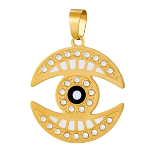 Detailed view of gold plated evil eye pendant with sparkling crystal rhinestones