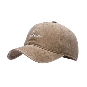 Vintage washed cotton baseball cap in dark coffee with white Groom embroidery