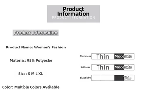 Größentabelle mit 95% Polyester Materialzusammensetzung und Spezifikationen für Damenkleider