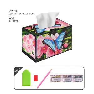 DIY diamond painting tissue box kit with pink floral patterns and full tool set