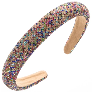 Vue détaillée d'un serre-tête épais avec des strass multicolores et une doublure beige