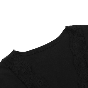 Close-up of black knitted fabric texture with intricate lace trim on the deep V-neckline