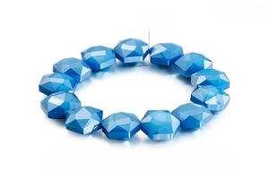 Detail view of blue hexagonal crystal beads elastic bracelet with 14mm width and 31g weight