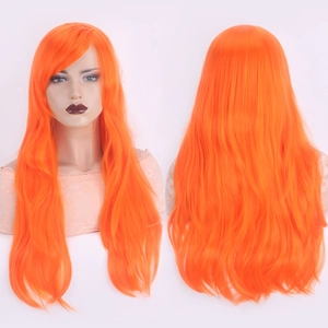 Vista frontal y trasera de una peluca cosplay naranja de 70 cm con pelo largo ondulado