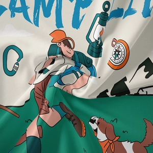 Détail de la texture du tissu de camping avec des motifs d'illustrateurs de montagne
