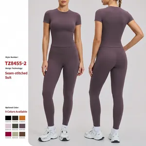 Women's Yoga Outfit Slim Fit Padded Short Sleeve Top And High Waist Leggings Sportswear Brushed Nylon Spandex Workout Suit