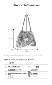 Silver woven PU tote bag detail with magnetic closure and small inner pouch pouch