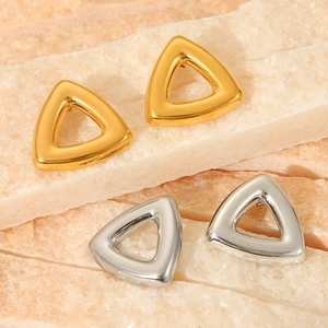 Detailed view of polished hollow triangle earrings in gold and silver stainless steel