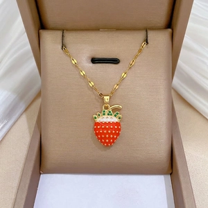 Strawberry Pendant Necklace Titanium Steel Chain Copper Enamel Red Fruit Zircon Inlay Sweet Style Jewelry For Women