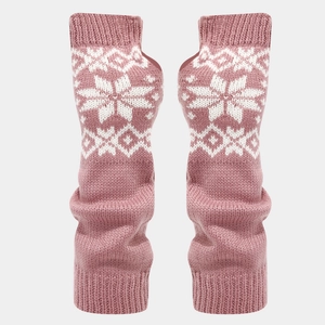 Detail of pink knitted arm warmers with white snowflake pattern and thumb holes