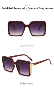 Macro view of square red and black sunglasses with gradient lenses and gold temple detail