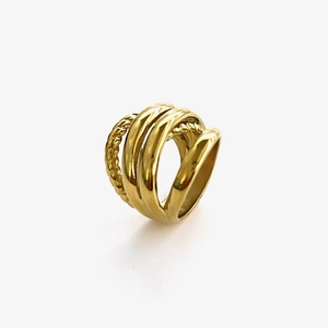 Minimalist 18K gold plated multi-layer wide ring with twisted rope design for women