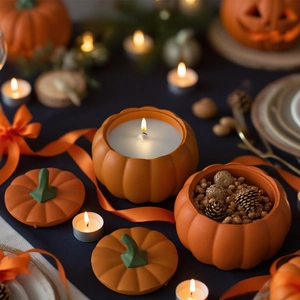 Detailed view of handmade pumpkin candle jars with textured finish and green stems