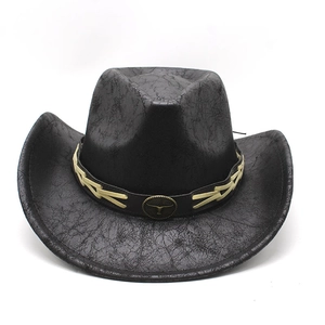 Chapeau de cowboy western noir en daim avec texture vintage et insigne en métal de longhorn