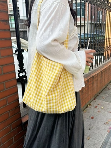 Japanese style large capacity yellow gingham canvas tote bag for students and shopping