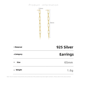 Detailed chart of S925 sterling silver long chain earrings with 65mm length and dimensions