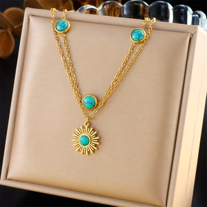 Stainless Steel Double Layer Necklace With Sunburst Pendant And Inlaid Turquoise Retro Gold Plated Jewelry For Women