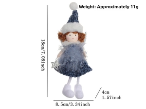 Blue plush Christmas angel ornament detail with height dimensions and silver star