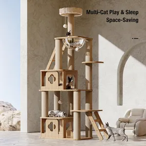 Multi-level solid wood cat tree with transparent space capsule and sisal scratching posts