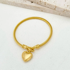 Detailed close-up of golden heart pendant on twisted rope wire stainless steel bracelet