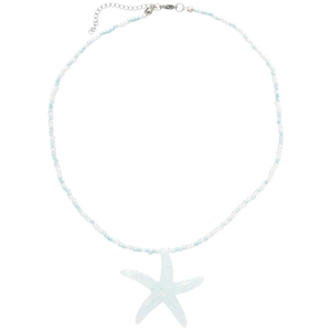 Blue and white beaded necklace with a translucent resin starfish pendant on white backdrop