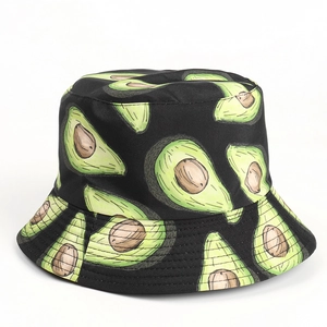 Close-up of durable canvas bucket hat featuring vibrant all-over avocado fruit prints