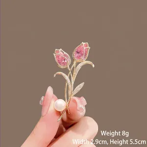 Tulip Flower Brooch Pin Alloy Pink Zircon Rhinestone Artificial Pearl Elegant Luxurious Women Anti Exposure Accessory