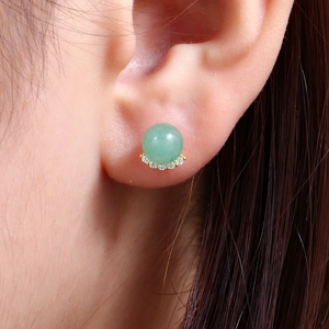 Elegant S925 silver stud earrings with green aventurine jade and sparkling cubic zirconia