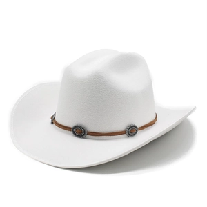 Close-up of a white wool felt fedora featuring a brown band with vintage silver buckles