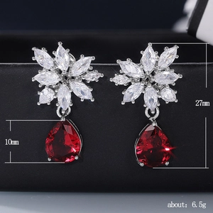 Elegant drop earrings with red pear-cut zircon and clear marquise stones, 27mm length
